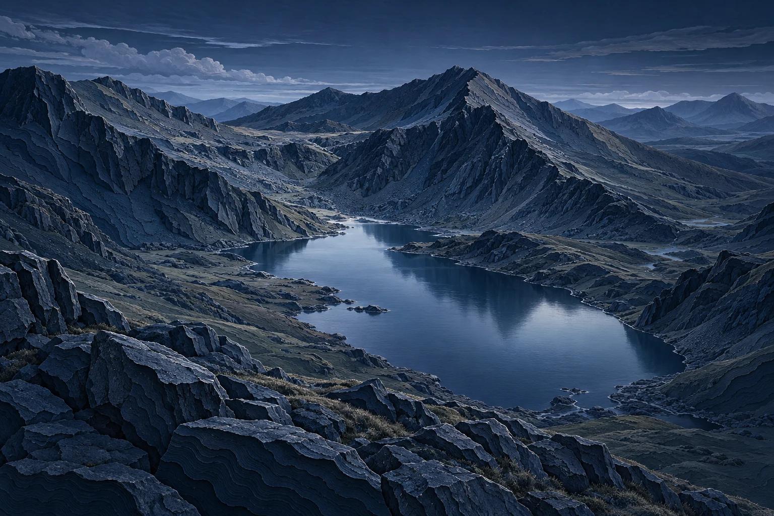 Blue layered illustration of Yr Wyddfa and Llyn Llydaw in a Welsh glacial mountain basin.